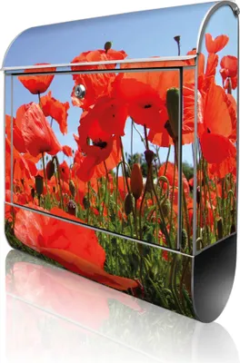 Produktbild von banjado Design Briefkasten Stahl silber mit Zeitungsfach pulverbeschichtet "Mohnblumen" 38x46x12,5cm & 2 Schlüssel - Postkasten A4 Einwurf inkl. Montagematerial [BK 10078]