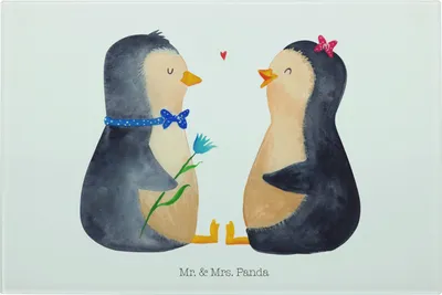 Produktbild von Mr. & Mrs. Panda Glas-Schneidebrett Pinguin Pärchen - Weiß - Geschenk, Schneidebrett, Vesperplatte, Hochzeitstag, Liebe, schneidbrett, Hochzeit, Servierplatte, Verknallt