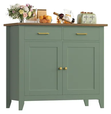 Immagine prodotto di Mobiletto da cucina, credenza con piano di lavoro, 2 cassetti, 2 ante, legno, stile rustico, colore verde