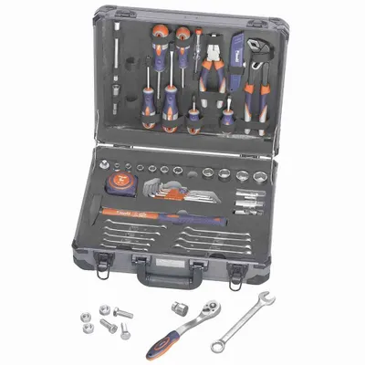 A tool case filled with various tools, presented on a white background.