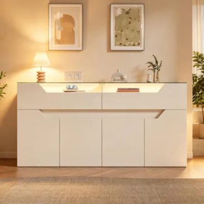 Produktbild von Sideboard mit gehärteter Glasplatte,Kommode mit 2 Schubladen, Aufbewahrungsschrank für Esszimmer & Wohnzimmer, 140x40x70cm