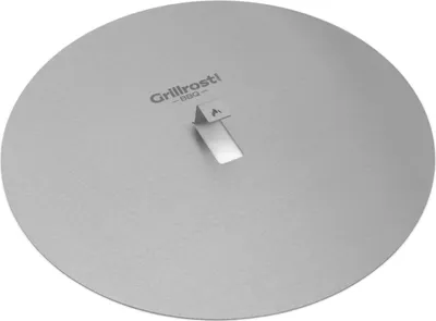 A round, silver metal plate with a small handle in the center, on a white background.