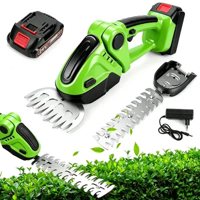 Produktbild von Akku Heckenschere, Kabellose Grasschere, Elektrische Rasentrimmer, Grasschneider, Elektrischer Strauchschere, mit 2 Klingen, 1 Akku und 1 Ladegerät
