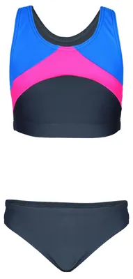 Produktbild von Aquarti Mädchen Sport Bikini Racerback Bustier & Bikinislip, Farbe: Graphit / Blau / Rosa, Größe: 158