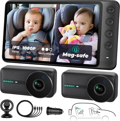 Obrázek produktu pro Dvojitá dětská autokamera pro dvě děti - magnetická - 1080P IPS - displej s magnetickým uchycením - 3 režimy (zoom, zrcadlo, rozdělené zobrazení)