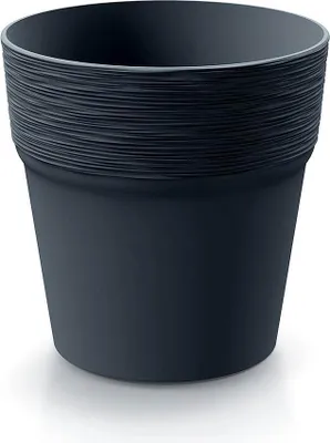 A dark gray plastic plant pot is shown against a white background.