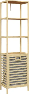 Image de Étagère de salle de bain - Étagère sur pied - 3 étagères - Panier à linge amovible - 44×33×160 cm - Bambou - Naturel