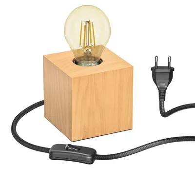 Image de ledscom.de, lampe de table HITO, en bois massif, de forme rectangulaire, avec ampoule E27 (471 lumens), finition dorée, lumière blanc chaud intense