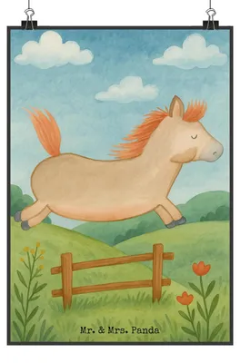 Produktbild von Mr. & Mrs. Panda Bild Pferd Springen Design DIN A5 - Weiß - Geschenk, wanddeko, Pferdestall, Pony, Kunstdruck, Bauernhof, Wandbild, Stall, poster, Pferde, Reiten, drucke