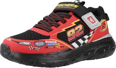 A single red and black children's sneaker with racing-themed graphics.