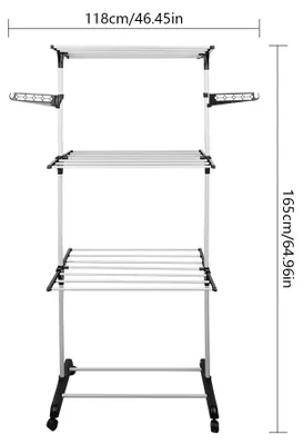Image de Étagère à linge - Étagère pliante avec 4 niveaux - Structure en métal - Mobile avec 4 roulettes - Pour vêtements et linge de lit