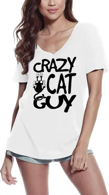 Produktbild von Damen Grafik T-Shirt V-Ausschnitt Verrückter Katzentyp – Crazy Cat Guy – Öko-Verantwortlich Vintage Jahrgang Kurzarm Lustige Druck Geburtstag Geschenk