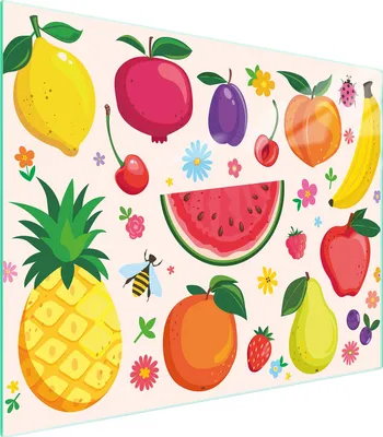 Produktbild von Schneidebrett aus gehärtetem Glas 52x40 cm mit Obst-Motiv, hygienisch und rutschfest