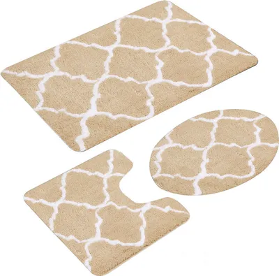 Produktbild von Bad Teppich Set 3 Stück rutschfeste Badematten mit modischen geometrischen Muster (Beige)
