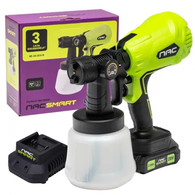 Zdjęcie produktu dla NAC SMART Akumulatorowy system natryskowy NS-SG-20V-B | 20 V 2 Ah 600 ml/min | 3 dysze 1,0–1,8 mm | Pistolet natryskowy do farb ściennych, lakierów i bejc
