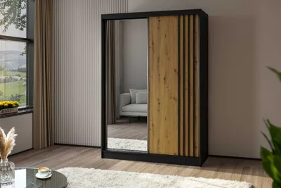Produktbild von AGMAT Schwebetürenschrank Lugo, Kleiderschrank mit 2 Türen und Spiegel, Moderne Garderobe in Farbe: Schwarz / Artisan, Schrank in Größe: 150 x 216 x 61 cm
