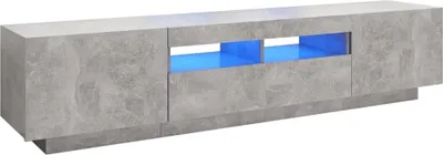 A modern, long, gray entertainment center with two open compartments illuminated with blue LED lights.