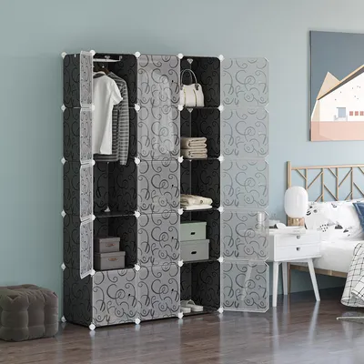 Produktbild von SUGIFT DIY Steckregal Kunststoff & Metallrahmen, Kleiderschrank Würfelregal 11 Fächer, Schwarz-Weiß | 2 Kleiderstangen | 30 kg | 111 x 47 x 183 cm