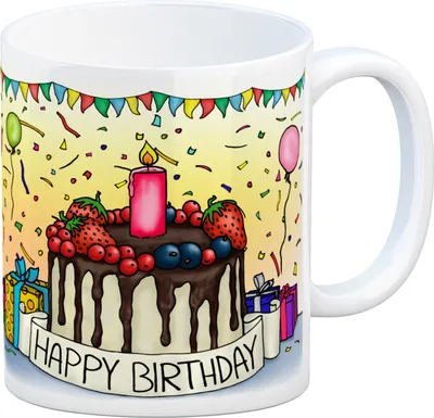 Produktbild von Kaffeebecher mit Geburtstagstorte Motiv und Spruch: Happy Birthday Kaffeetasse