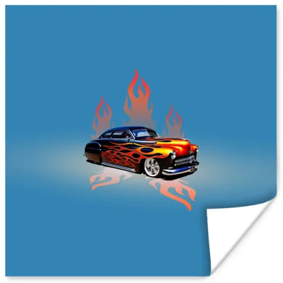 Produktbild von MuchoWow® Poster Auto - Flammen - Feuer - Blau - Vintage 50x50 cm - Wohnzimmerdekoration