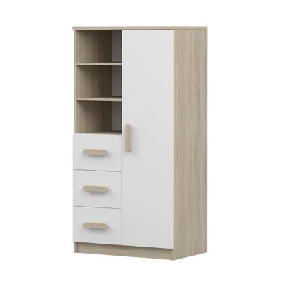 Produktbild von Kinder-Bücherregal Jonas 05 – 80 cm, Sonoma/Weiß mit Sonoma Griffen, 3 Schubladen & 1 Tür