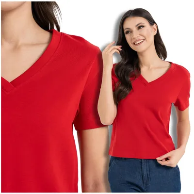 Produktbild von Moraj - T-Shirt Größe S - Damen T-Shirt Rot - Baumwoll T-Shirt fur Damen - rotes T-Shirt V-Ausschnitt