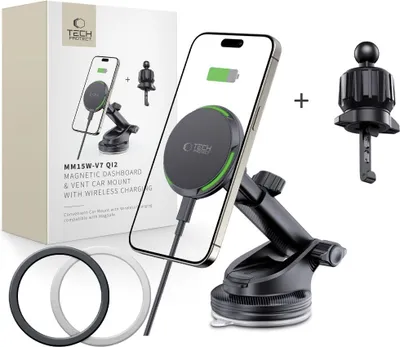 Produktbild von Tech-Protect Mm15W-V7 Qi2 Magnetisches Magsafe Armaturenbrett- Und Lüftungshalterung Für Das Auto, Kabelloses Ladegerät, 15 W, Schwarz