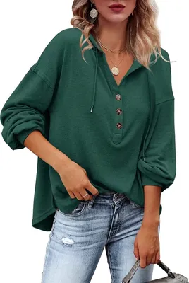 Produktbild von ASKSA Damen Kapuzenpullover Sweatshirts Hoodies Kordelzug Tiefer V-Ausschnitt Knopfleiste Tops, Grün, 2XL