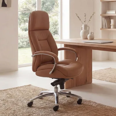 Produktbild von FineBuy Designer Bürostuhl Caramel Bezug Echtleder Schreibtischstuhl bis 120 kg XXL Chefsessel höhenverstellbar Drehstuhl ergonomisch mit Armlehnen