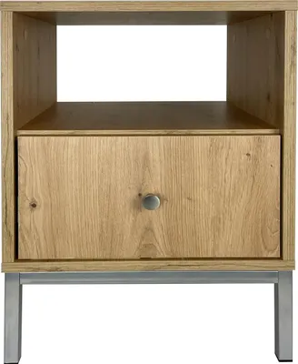 Image de Table de nuit, Chêne Artisan avec pieds en métal argenté, avec tiroir 58x40x40, Lofoten, style moderne REVE