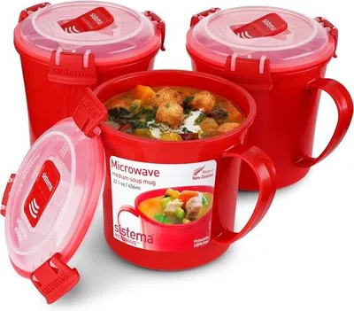 Image de Ensemble de 3 bols à soupe pour micro-ondes Unyqoos®, 656 ml (24 oz), rouge – adaptés au micro-ondes, avec valve de ventilation et fermetures "KLIP IT", sans BPA et
