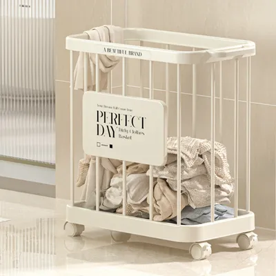 Produktbild von Wäschekörbe, Wäschesammler, Aufbewahrungskorb, Wäschebox, mit 4 Rollen & Griff, PP + Edelstahlrohr, 15 kg, 50 Liter, 48 × 27 × 52 cm, für Kleidung