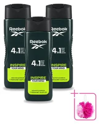 Imagen del producto de 3 unidades de gel de ducha Reebok Inspire Your Mind, formato 4 en 1, 400 ml cada uno. Pack ahorro