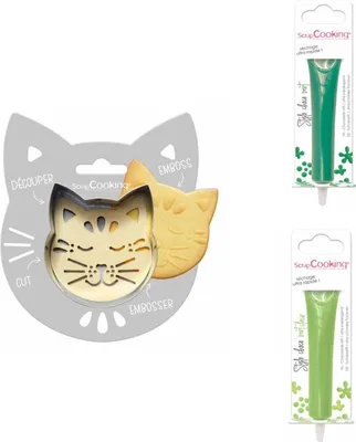 Produktbild von Relief-Kekspackung für Katzen + 2 grüne und hellgrüne Schokoladenstifte