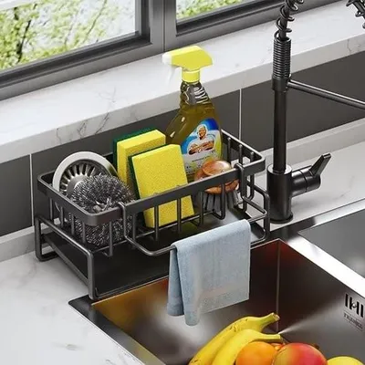 Obrázok produktu pre Organizér do drezu, držiak na kuchynské hubky, úložný a organizačný priestor, organizér do drezu s odkvapkávačom, držiak na utierky, čierny