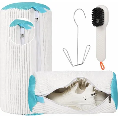 Zdjęcie produktu dla Woreczki do prania obuwia do pralki, zestaw 4 w 1, 2 sztuki. Woreczki do prania sneakersów z mikrofibry i weluru, w zestawie szczotka i stojak na buty, kolor biały