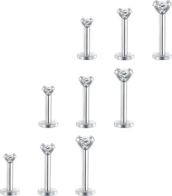 Image de Unyqoos® Piercing labret avec zircone, filetage interne, acier inoxydable 316L, cristaux de 2 à 4 mm, tige de 8 mm, calibre 16G (1,2 mm), lot de 9 pièces – pour la lèvre, le tragus, l'hélix, le nez