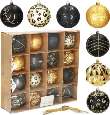 A collection of Christmas ornaments in various patterns and colors, displayed in a cardboard box and also individually.