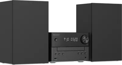 A black stereo system with two speakers and a central unit with a CD player and display.