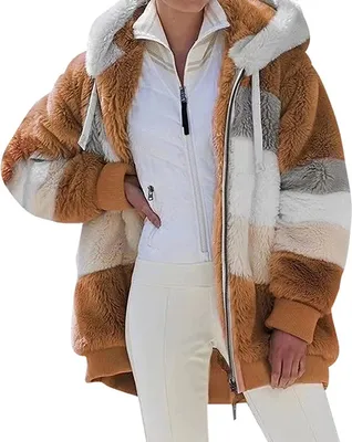 Produktbild von ASKSA Damen Fleecejacke Strickjacke Einfarbig Reißverschluss Kunstpelzjacke mit kapuze, A-Karamell, L