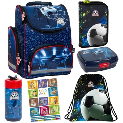 Produktbild von Schulranzen für Jungen, 6er-Set - Schul-Rucksack für Kinder mit Federmäppchen - Schuhbeutel und Hausaufgabenheft - Fußball Motiv