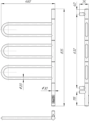 Zdjęcie produktu dla Grzejnik łazienkowy elektryczny z ramionami obrotowymi czarny mat Fluger 3 90W 84x46cm energooszczędny