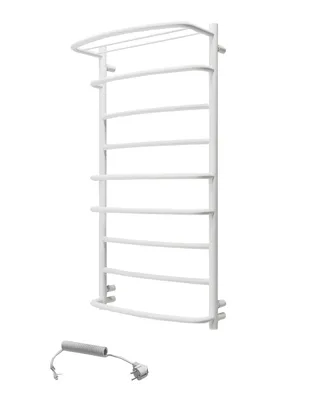 A white electric towel warmer with a shelf on top, shown against a white background. A separate power cord with a plug is visible below.