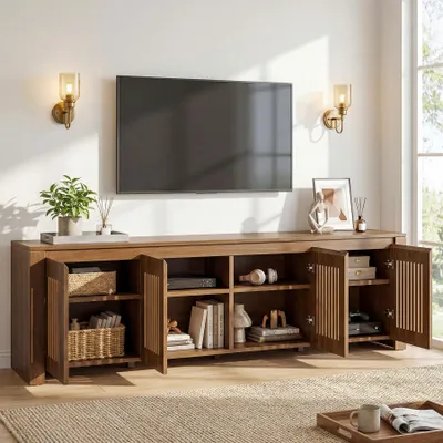 Immagine prodotto di Tribesigns, supporto TV da 140 cm per televisori fino a 65 pollici, con 8 vani contenitori e ante a battente, mobile porta TV in legno per soggiorno e camera da letto