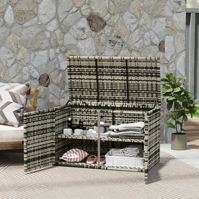 Produktbild von Auflagenbox 350 L PE-Rattan, Kissenbox Gartenbox Outdoor, Polyrattan Stahl, Mischgrau | 118x57x69 cm | 2-Ebenen | bis 50 kg