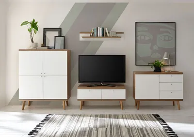 Produktbild von Wohnwand Merle 321cm eiche riviera / weiß matt Wohnzimmer Anbauwand