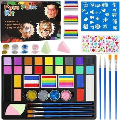 Productafbeelding van Kinderschminkset 24 Kleuren met Kwast, Glitter & Tattoo-Sjablonen - Wasbare Gezichtsverf en Bodypaint voor Halloween, Carnaval en Feestjes