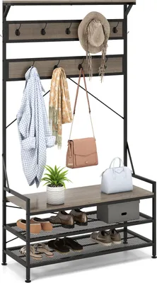 A coat rack and shoe bench with various items on it.