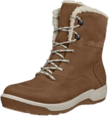 A single brown winter boot is shown against a white background.