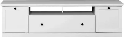 A white lowboard with black knob handles is shown against a white background.